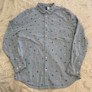 Divided Xmas Patterned Button-Down Shirt (L)